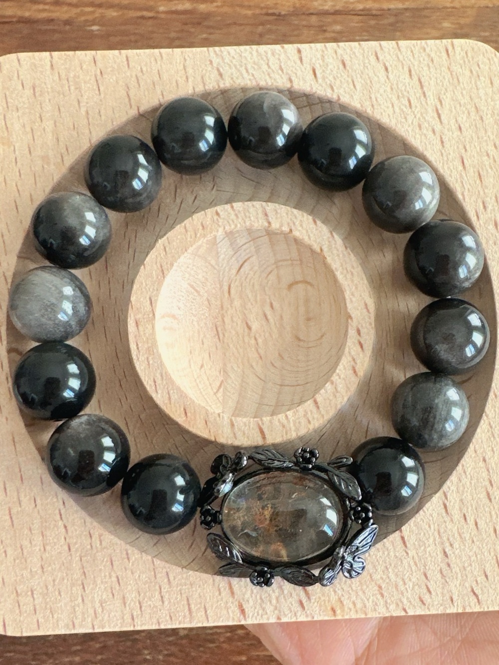 Handmade Natural Crystal Beaded Stretch Bracelet Black Silver Obsidian Gothic